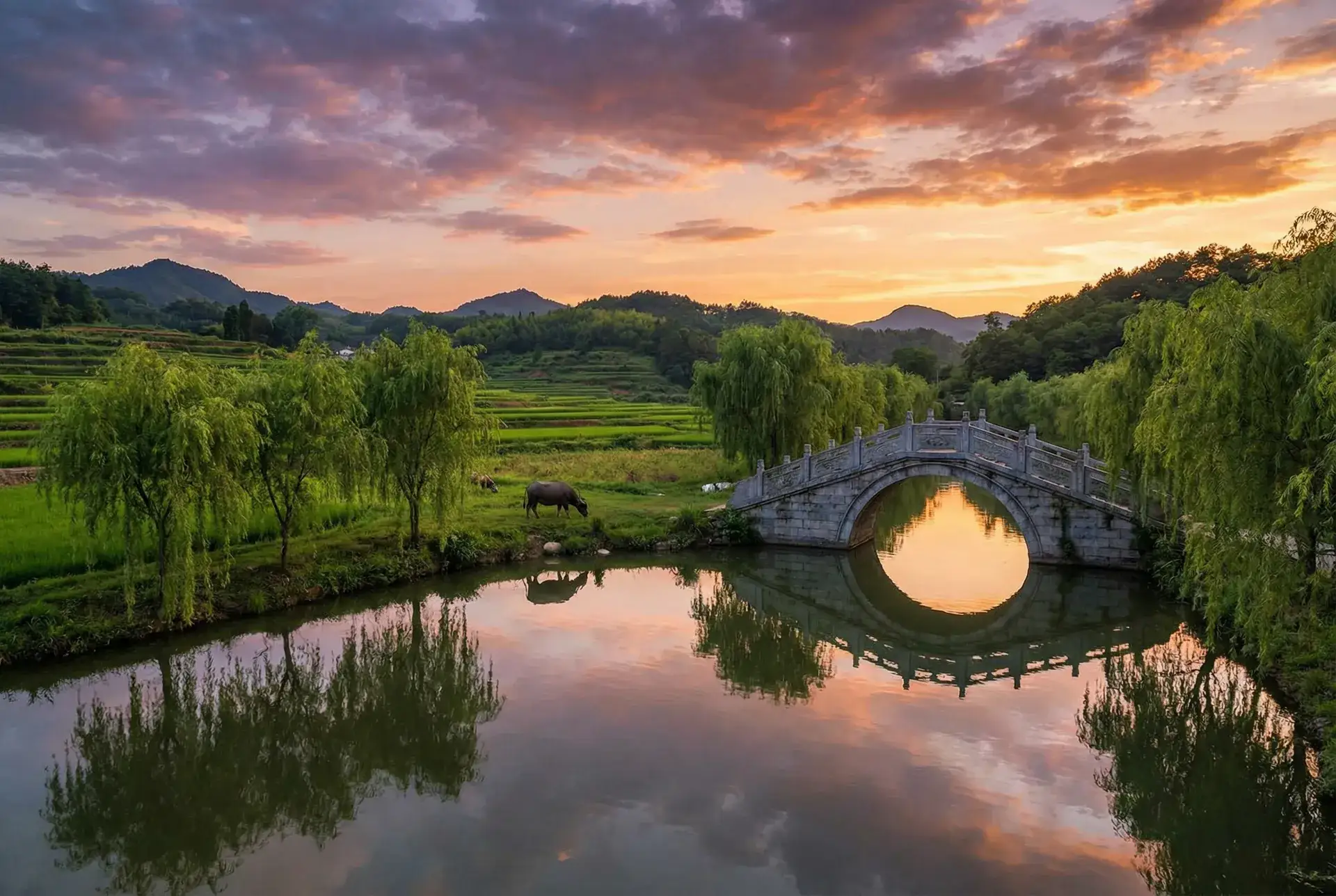夕阳下的石拱桥与垂柳，水牛在河边吃草 - 51黑色料 乡村美景